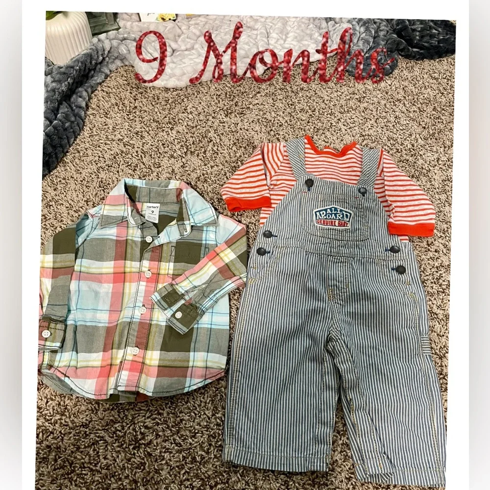 OshKosh B'gosh Blue & White Striped Overalls and 2 Shirts 1 plaid lg sleeves 9 M